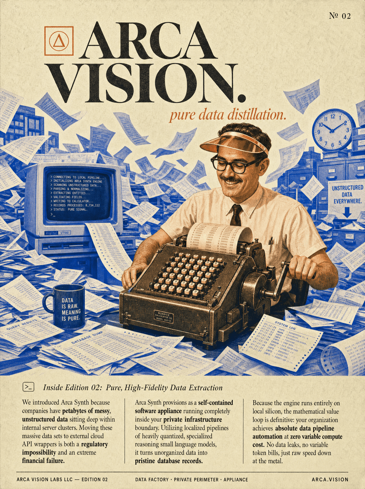 Schrödinger Files Edition 02 — An old-school accountant under a green visor using a vintage mechanical tabulator machine while terminal streams cleanly index chaotic unstructured logs