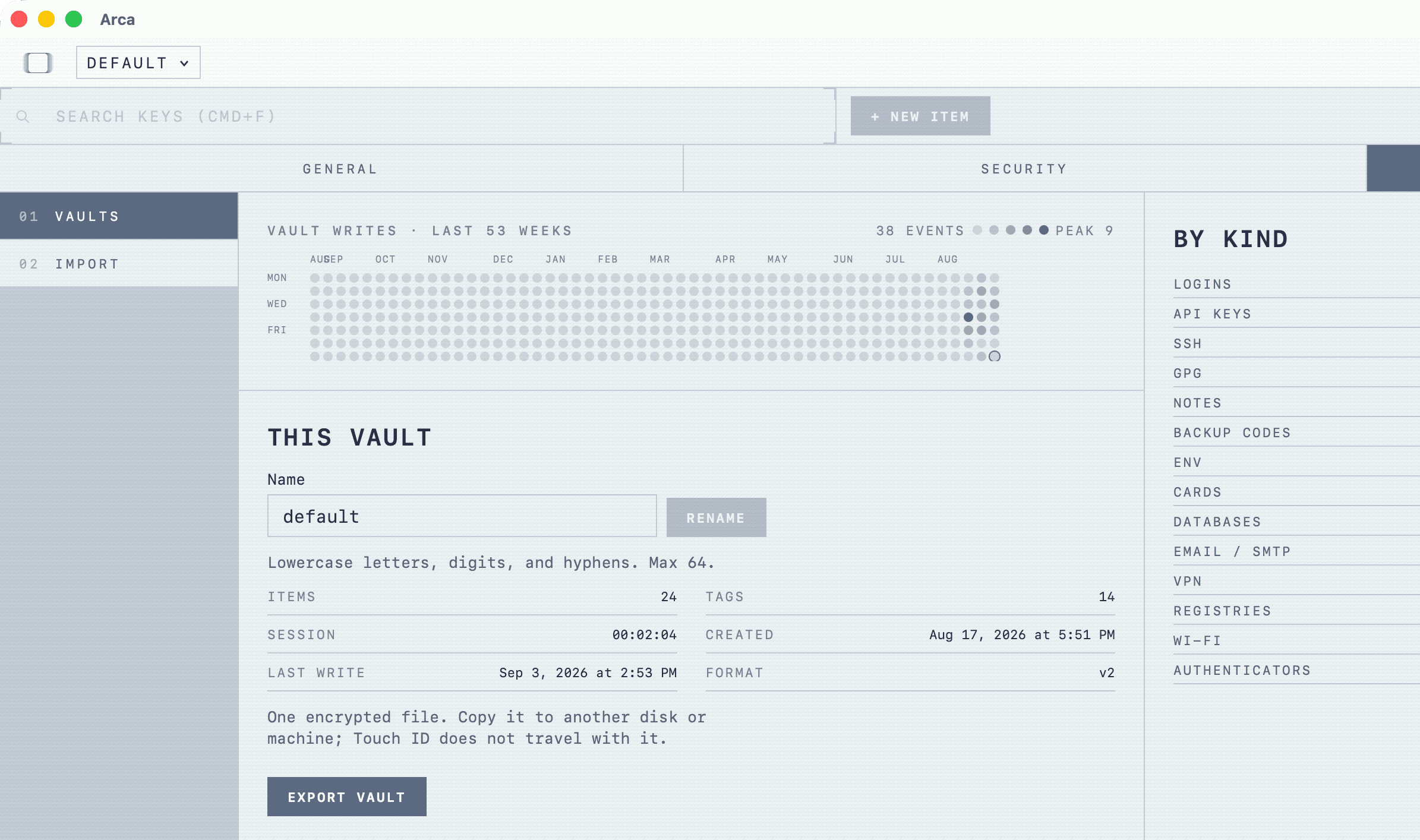 ARCA vault settings: DEFAULT selected in the title bar, with rename, export, and write activity for that vault