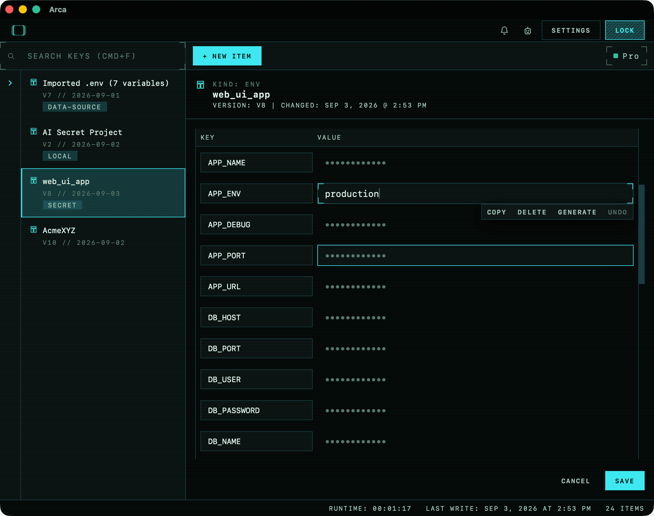An Env item open in ARCA: keys in one column, masked values in the next, one row being edited