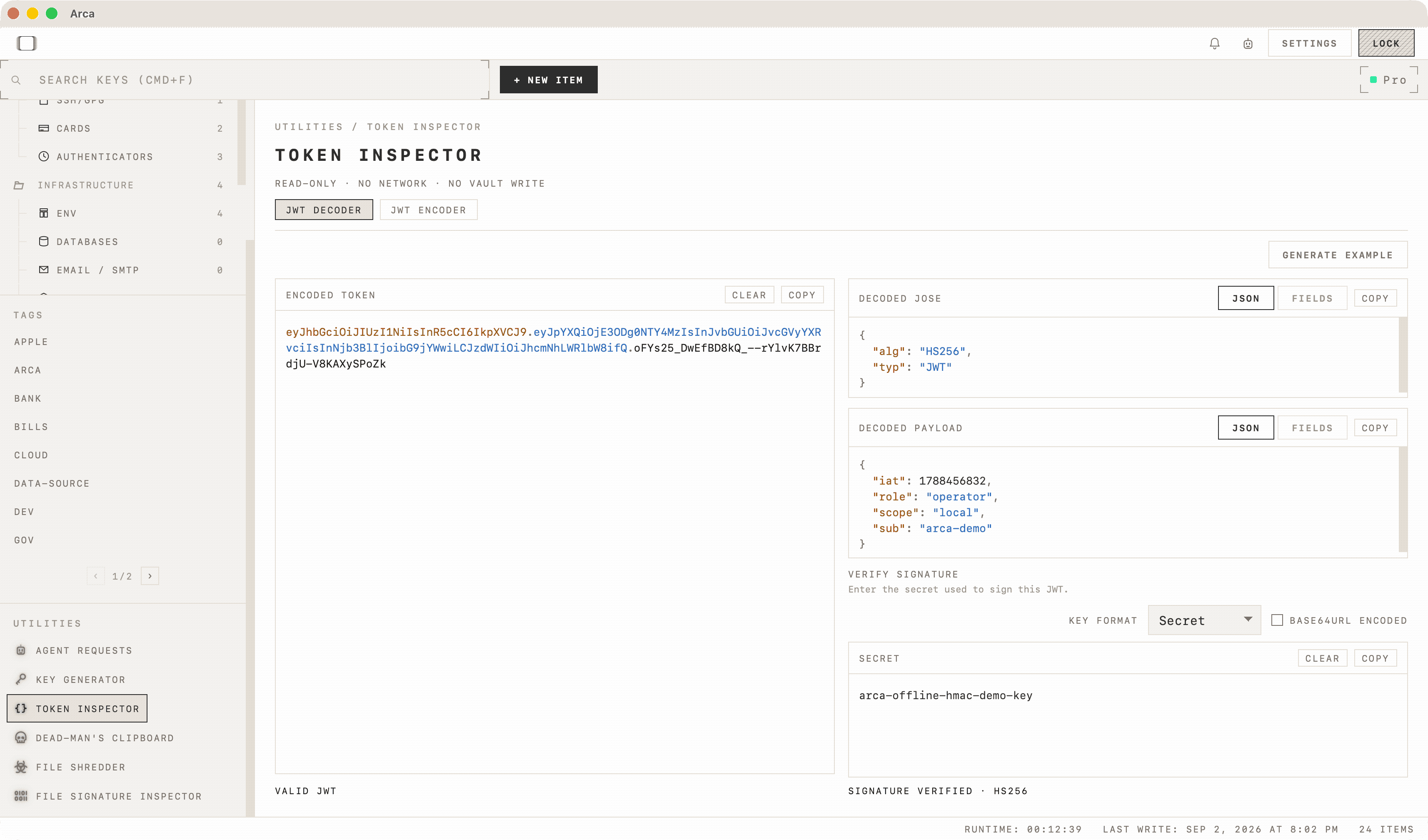 ARCA token inspector decoding a JWT with no network access