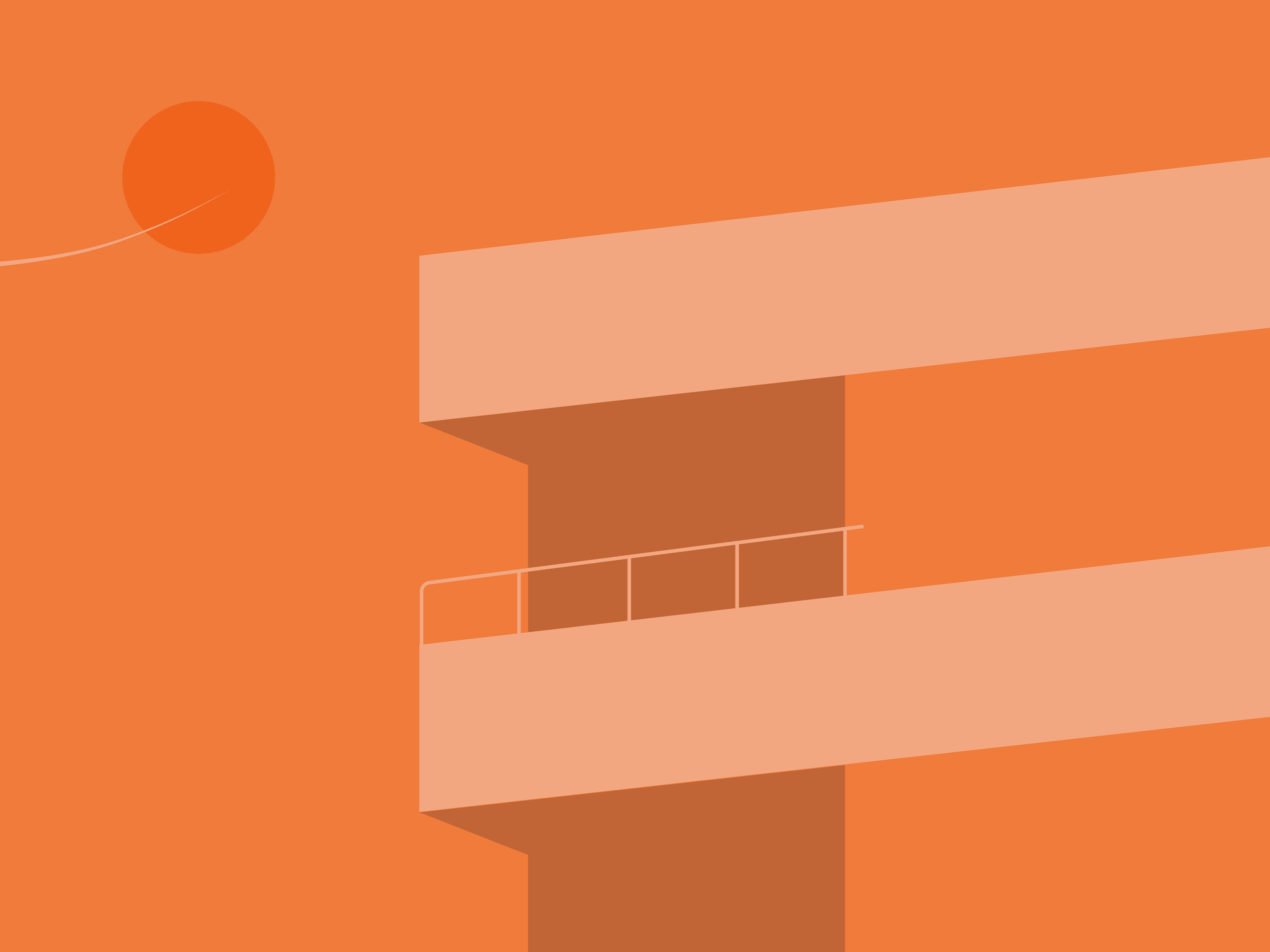 Minimalist building with balconies under an orange sky and sun
