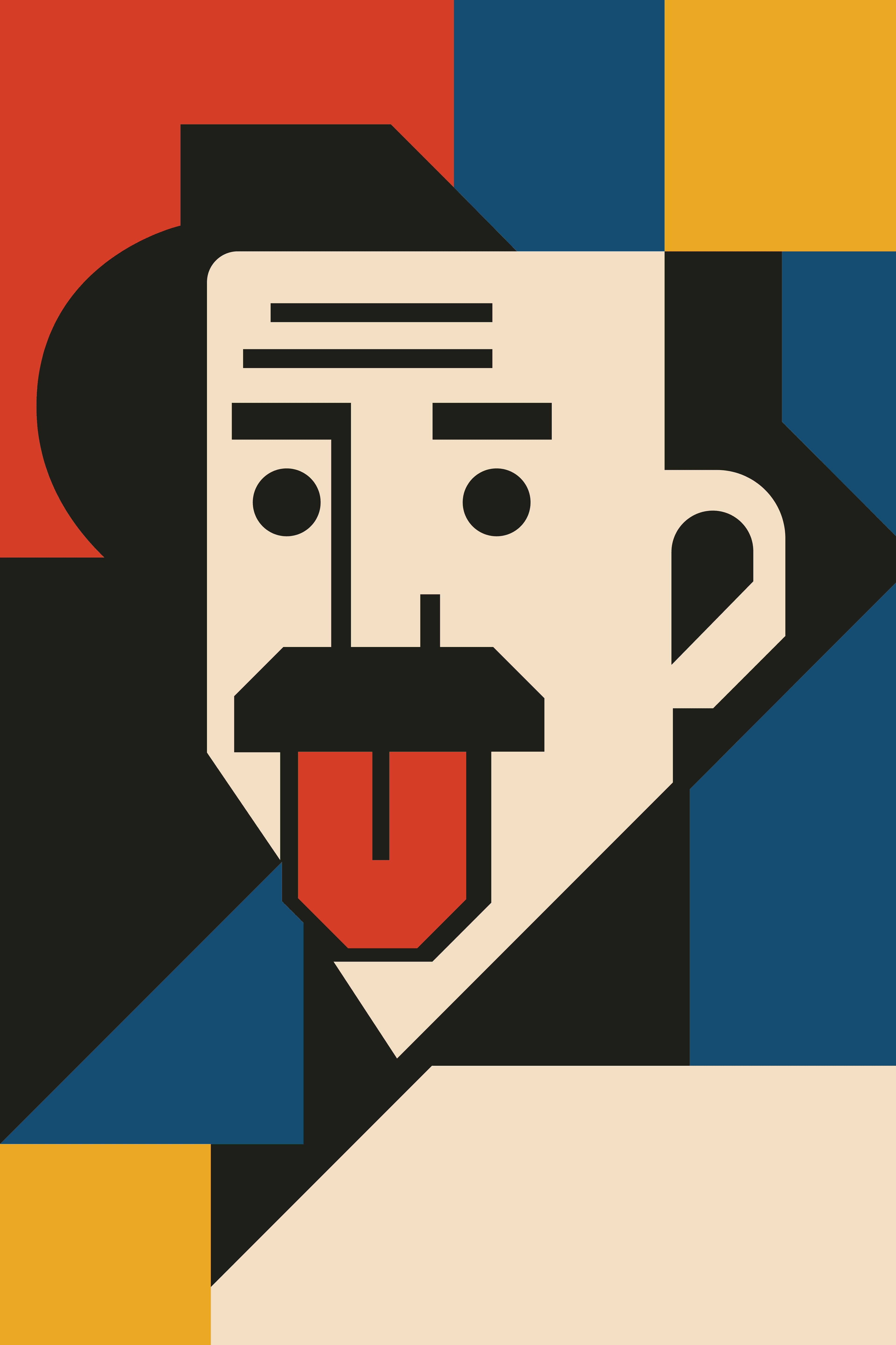 Geometric illustration of a man with a mustache sticking out his tongue