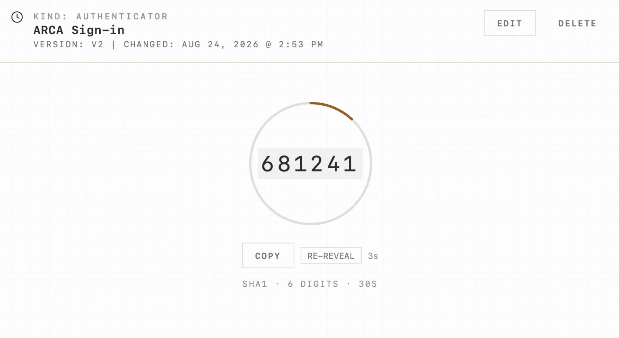 ARCA authenticator with a six-digit sign-in code.