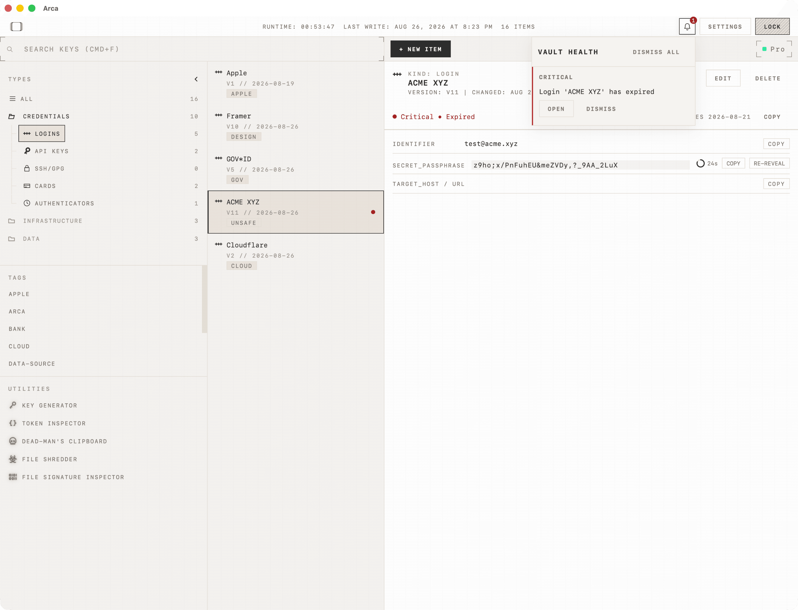 ARCA desktop vault in the morning oats theme, with logins in the sidebar and a selected credential revealed.