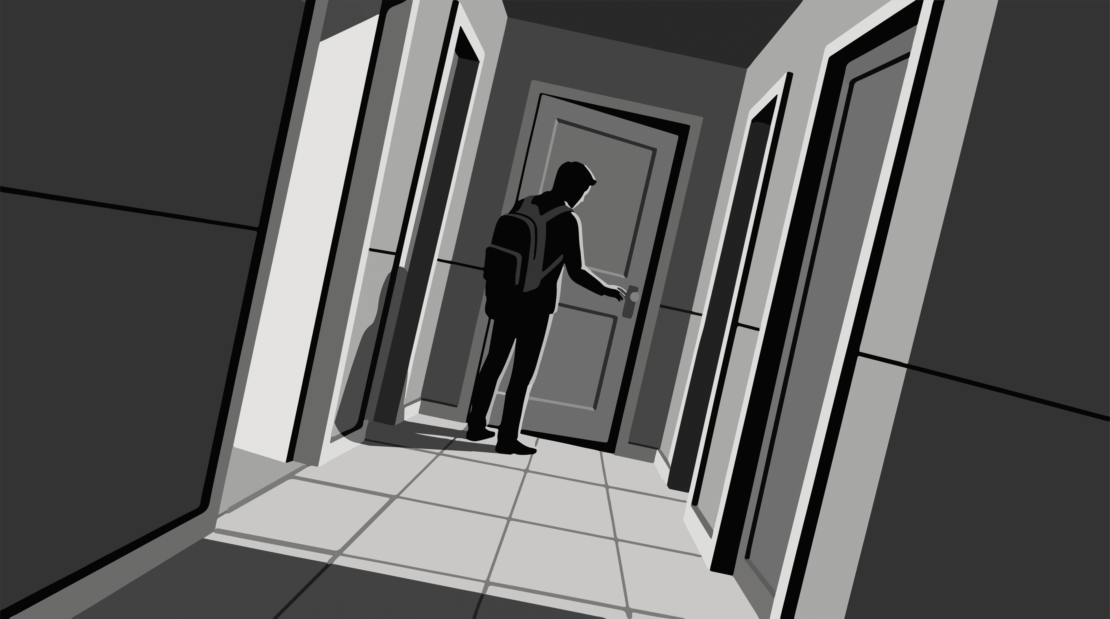 Graphic illustration of a person opening a door at the end of a hallway