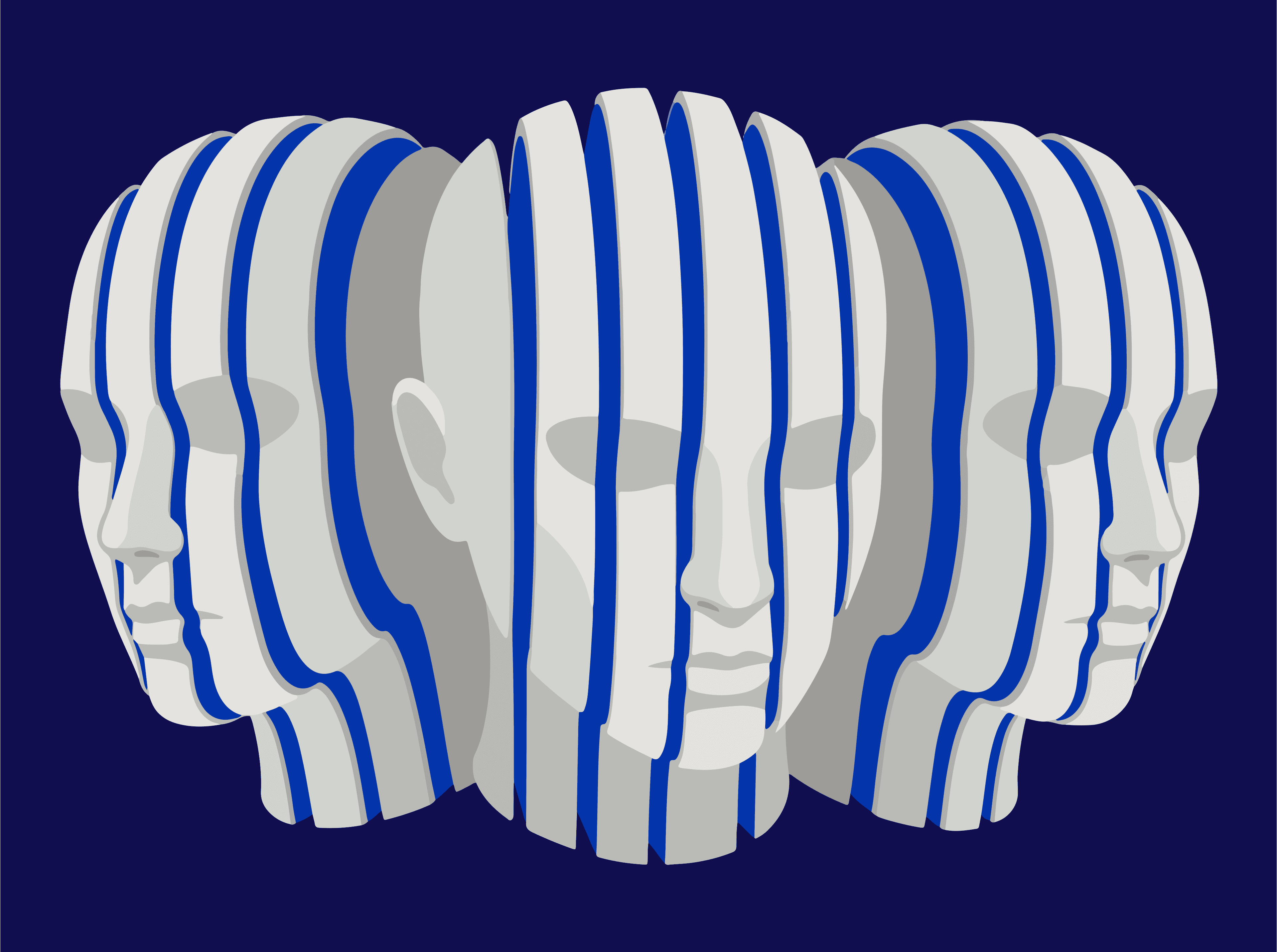 Three abstract heads with blue and white stripes on a dark blue field